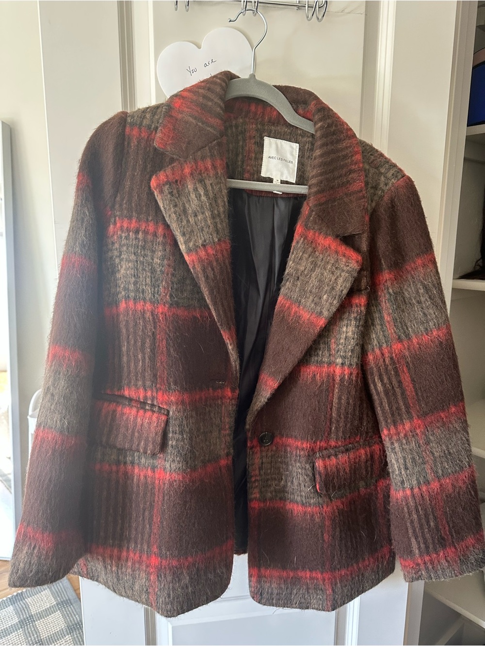 Avec Les Filles Brown Plaid Wool Blend Coat